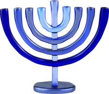 Yair Emanuel Blue Aluminum Hanukkah Menorah with Temple Design