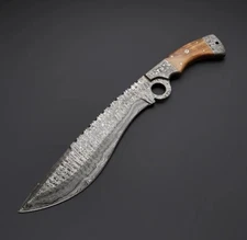 FULL TANG DAMASCUS STEEL HUNTING TRACKER SURVIVAL KUKRI KNIFE OLIVE WOOD HANDLE