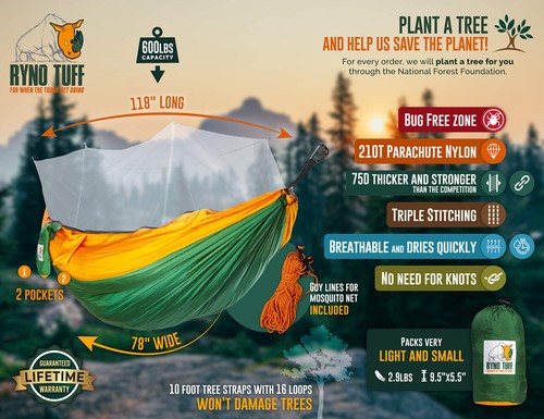 Ryno Tuff X-Large 2 Personen Camping Hängematte mit Moskitonetz - Kompakt Doppel Ha - Bild 8 von 8