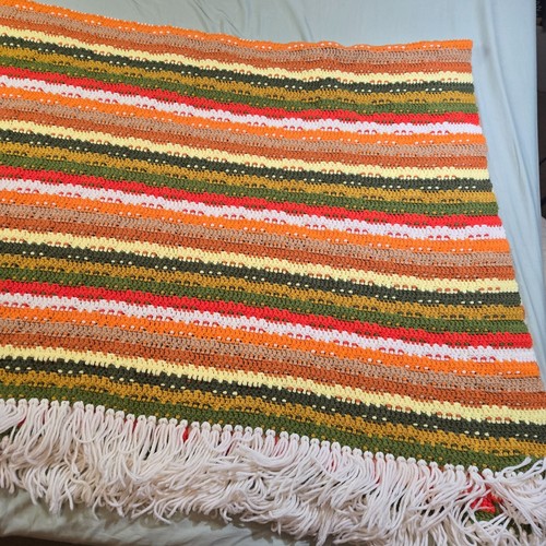 VTG Afghan Crochet Stripe Reversible Orange Green Fall Fringe Rare Pattern 49x68 - Picture 5 of 11