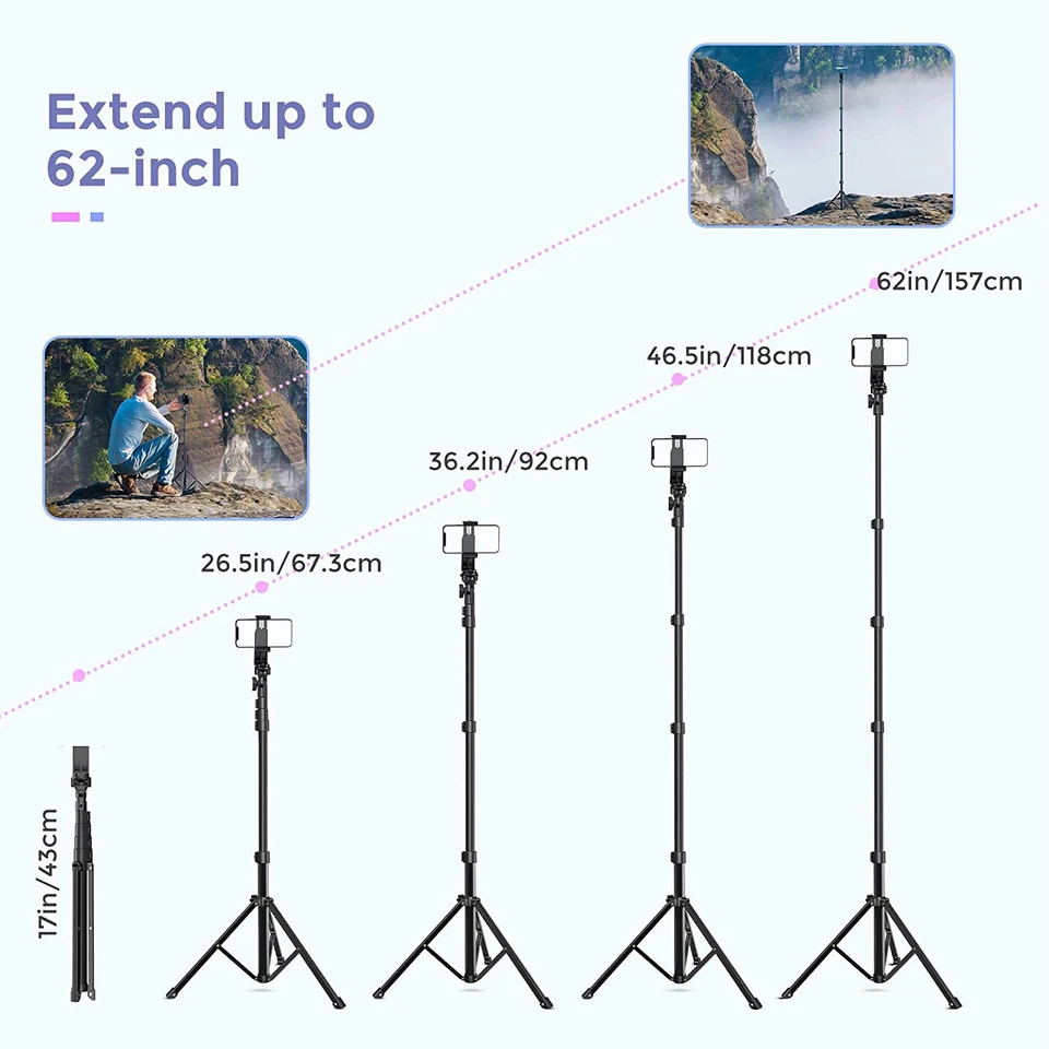 Universal 62-inch Selfie Stick Tripod Stand for Cell Phone with Bluetooth Remote - Image 3 of 4
