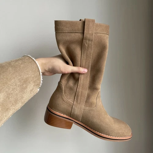 Halbhohe Damen-Westernstiefel Veloursleder rund geschnitten zum Überziehen niedriger Absatz Größe - Bild 8 von 10