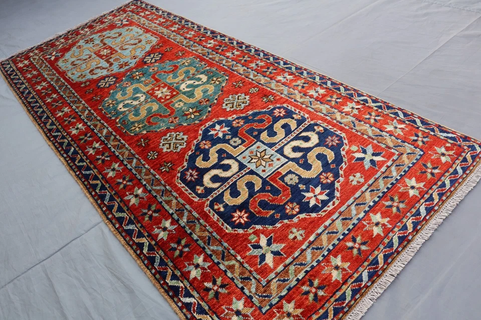 2x6 Caucasian Kazak Runner Rug – Bold Medallion Tribal Design in Red & Blue. - Image 4 of 4