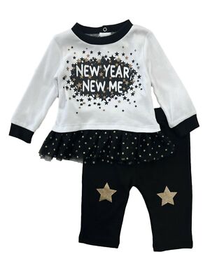 Infant Girls New Years New Black White & Gold Tutu Shirt & Pants Set