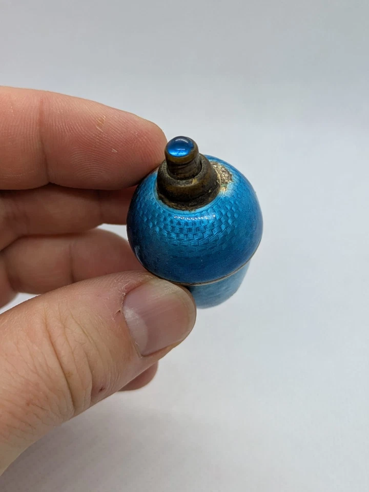 ANCIENNE RARE SONNETTE DE TABLE EN ARGENT MASSIF ANGLAIS EMAIL BLEU 1930 - 20ème - Photo 3/4