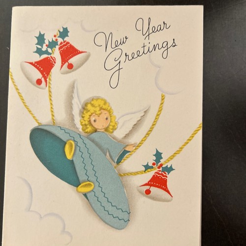 BLONDE ANGEL WINGS RINGING BELLS VINTAGE UNUSED NEW YEAR’S GREETING ...