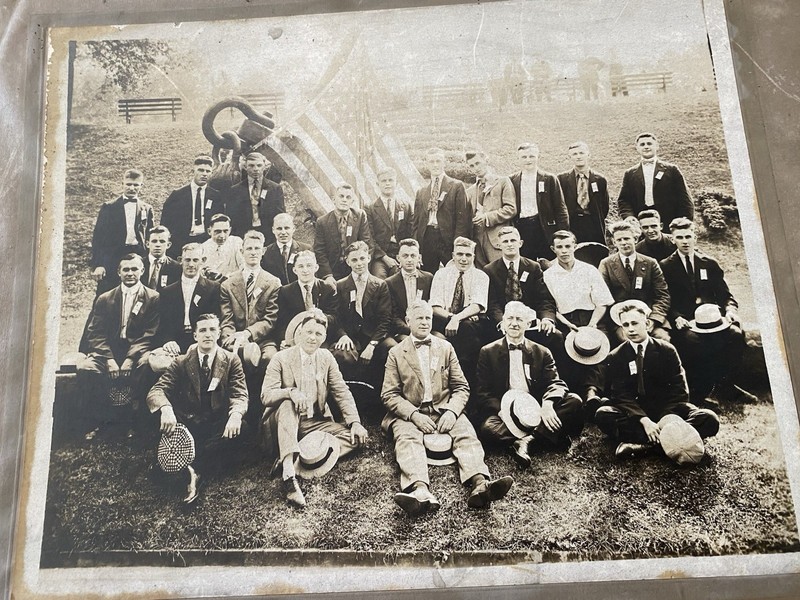 1920s Men Photo Anchor Flag Ribbon Badge Straw Boater Hat Antique Group