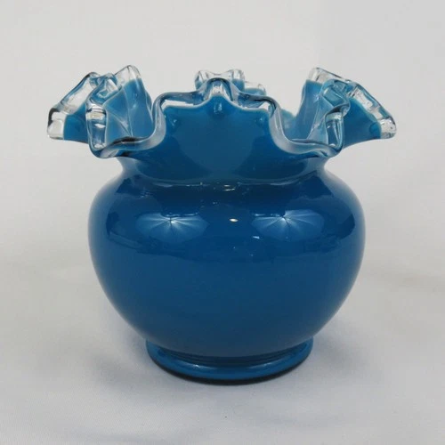 Fenton Jamestown blue glass rose bowl silver crest teal vase ruffled
