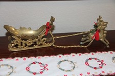 Vintage Brass Reindeer and Santa s Sleigh Chr...