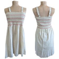 Magic Sz L Linen Cotton Smocked Embroidered Sun Dress Adjustable Strap Cottage
