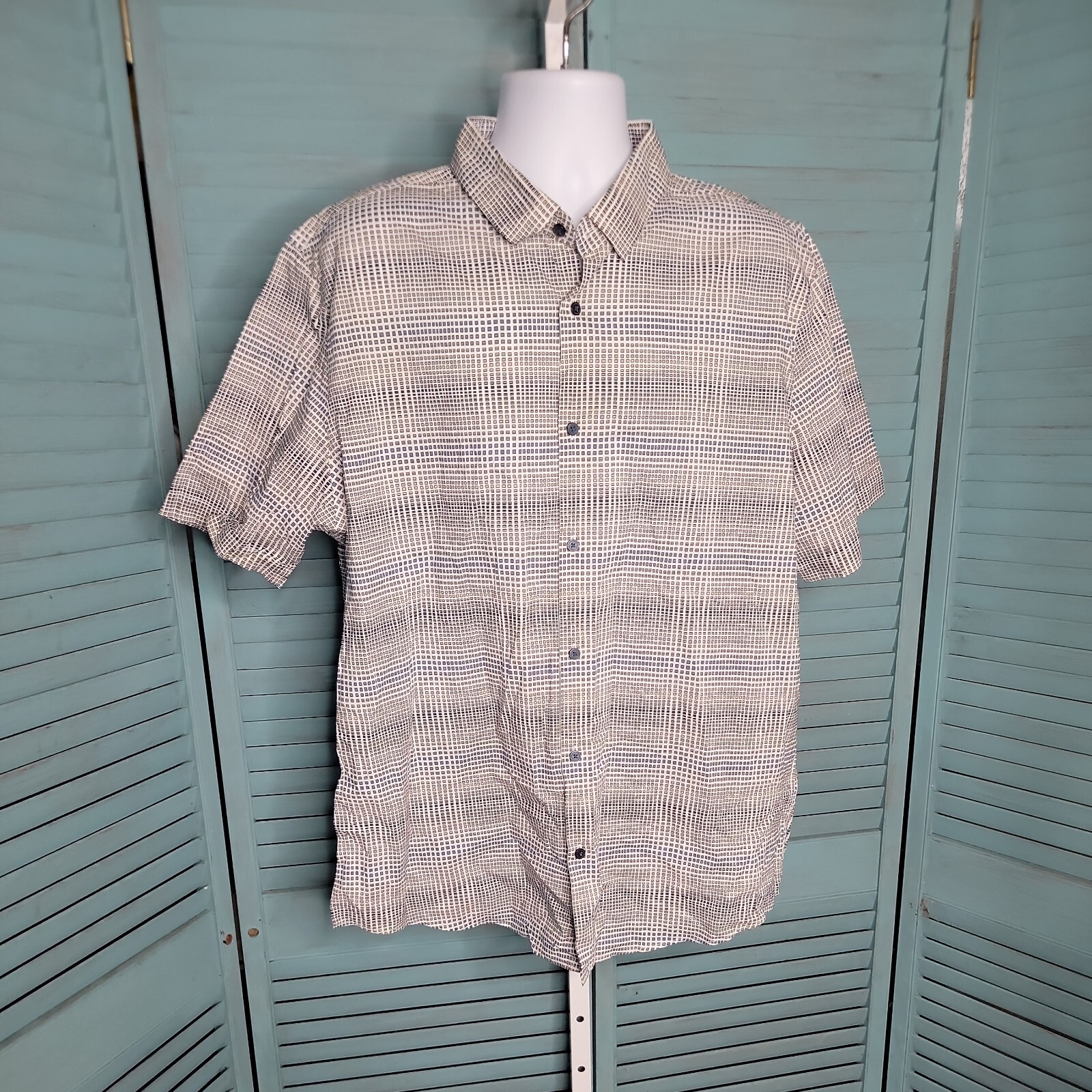 Alfani Button Up Blue, White, Beige Plaid Collared Shirt ~ Sz XXL ~ Short Sleeve