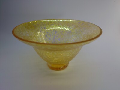 Oil spot heron glass iridescent art bowl gold handmade English lakes 1990s