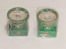 VINTAGE 1978 JASCO HONG KONG PILLAR GREEN GOLD CANDLE HOLDERS UNUSED IN PACKAGE