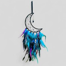 Medium Wall Hanging Crescent Moon Dream Catcher with Black Purple Green Blue Fea