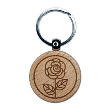Rose Flower in Circle Engraved Wood Round Keychain Tag Charm