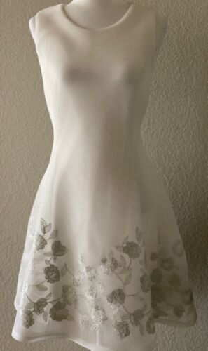 NWT DKNY White Sleeveless Mesh Fit & Flare Lined Dress Silver Flowers At Hem