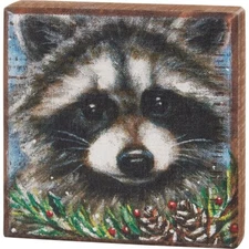 Christmas Raccoon Mini Wood Box Sign 4" x 4" | Primitives by Kathy