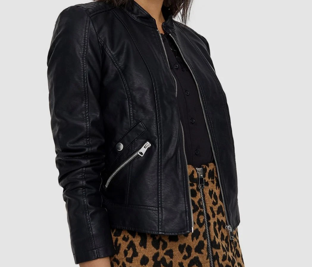 $69 Vero Moda Women&#039;s Black Khloe Full-Zip Faux Leather Moto Jacket M | eBay