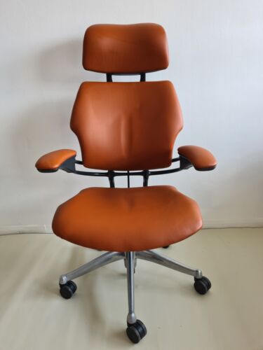 Humanscale Freedom Tan Leather Hide Chair Headrest Task Arms Chrome Base Brown