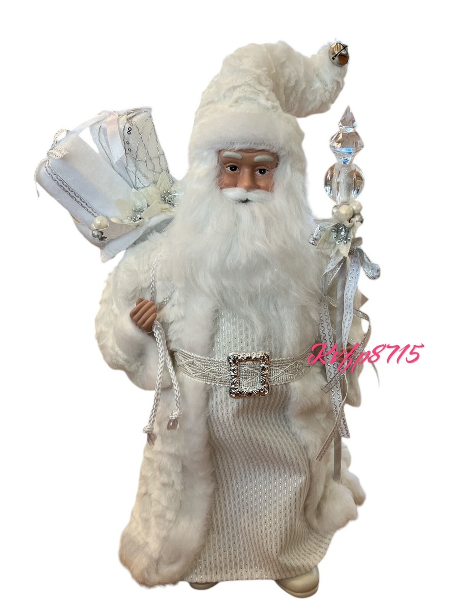 24” Standing White Silver With Gifts Faux Fur Santa Claus