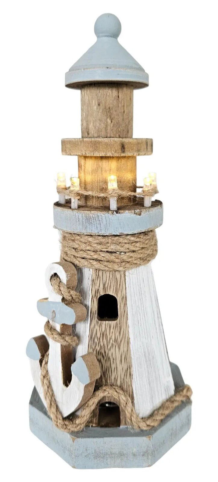 Leuchtturm beleuchtet Holz LED Deko Dekoration Maritim Anker Strand Meer H 24 cm