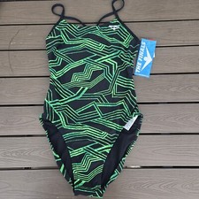 TYR The Finals Women Maize Swimsuit Swanback Green Black 1 Piece- Size 32 New
