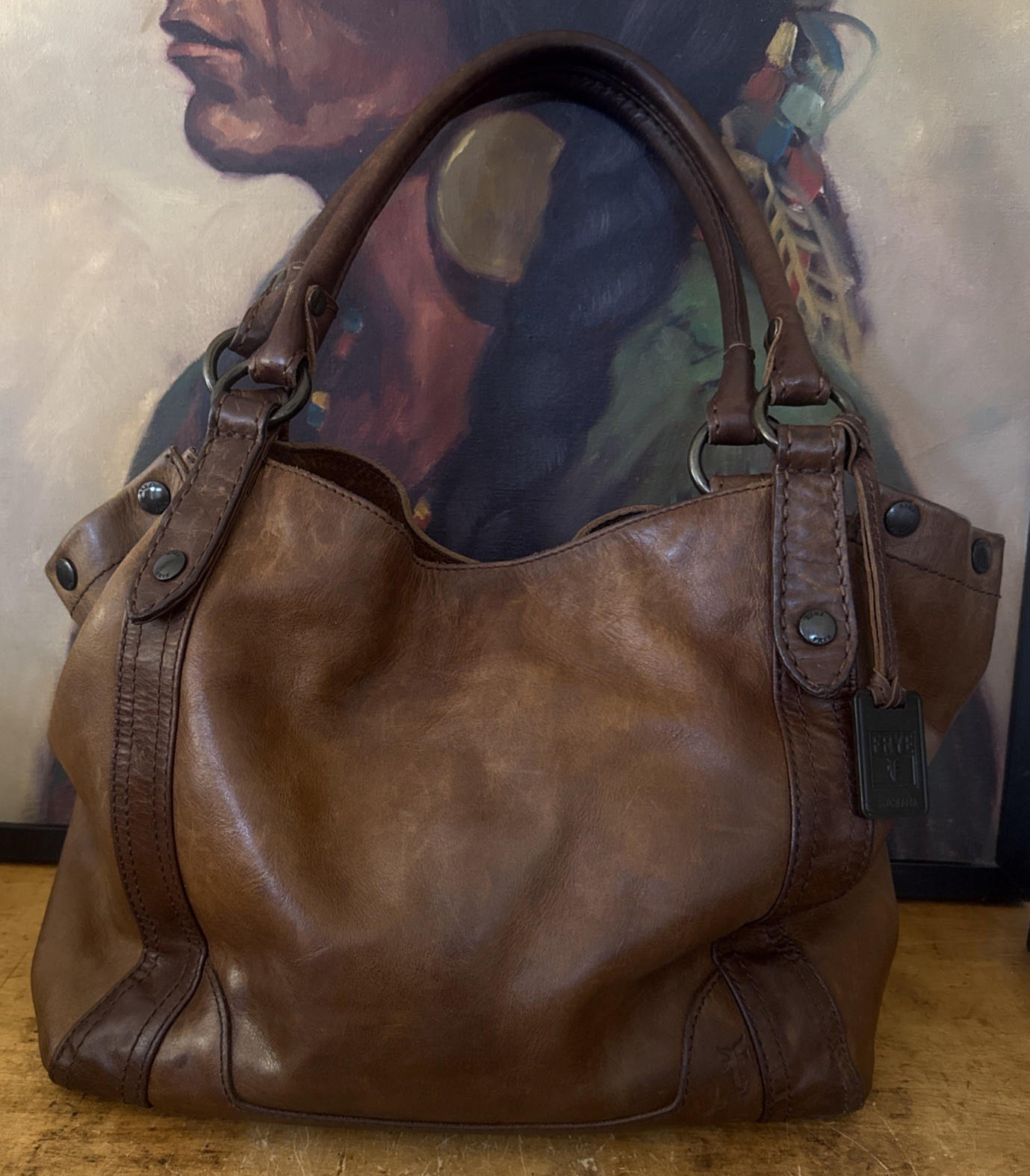 Frye Melissa Brown Rustic Leather Shoulder Satchel Tote Bag