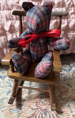 VTG Tartan Teddy Bear On Wooden Rocker Ralph Lauren Style Decor Display Shelf