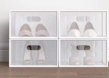 4 Pack Clear Drop-Front Shoe Boxes, Stackable, Ventilated, Fits Up to Size 11