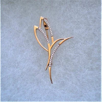 Eastern European Solid 14K 585 Rose Pink White Gold CZ Open Leaf Brooch Pin
