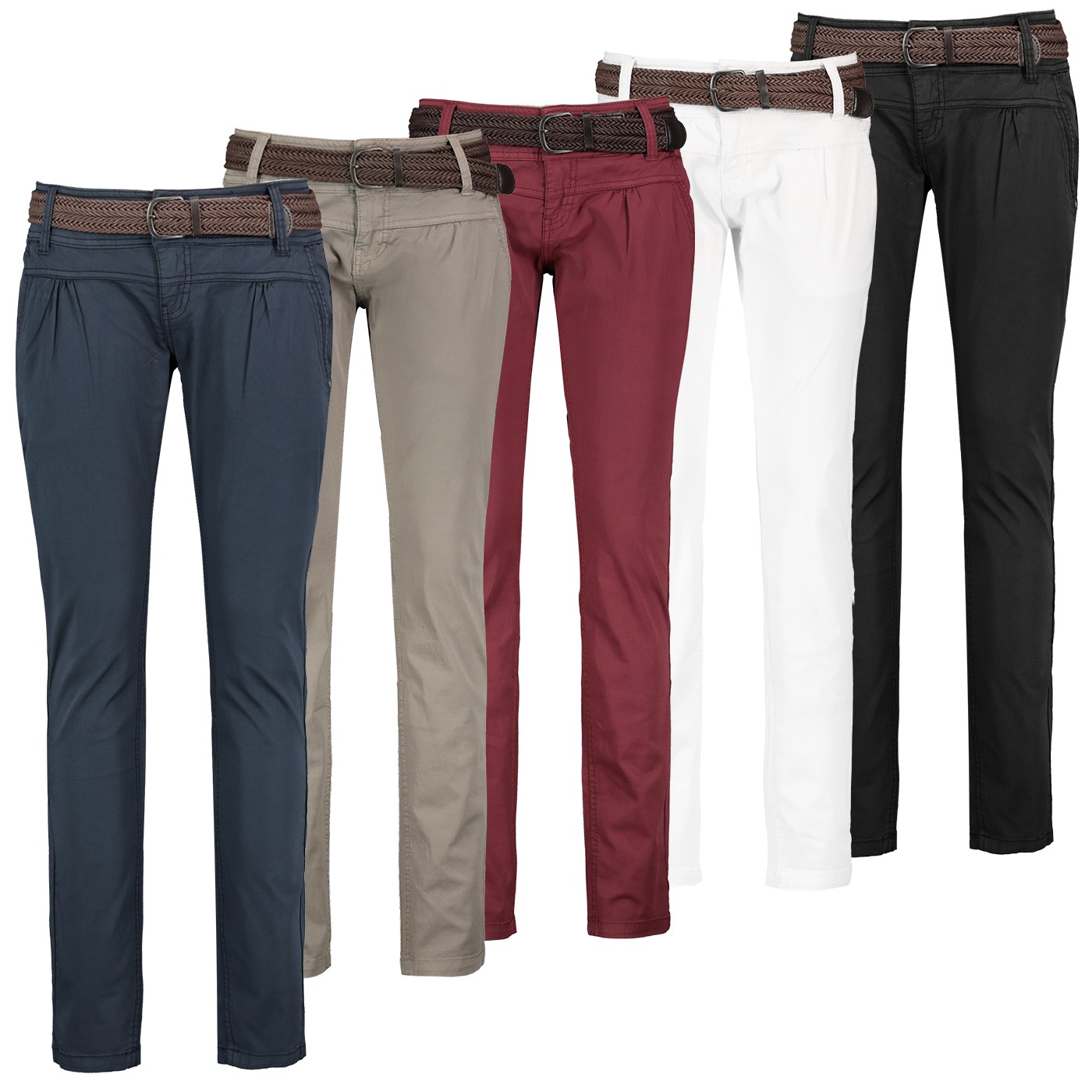 Damen Chino Hose Stoffhose Lange Skinny Hüfthose Gürtel Business Damenhose XS-XL