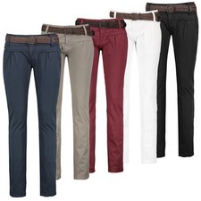 Damen Chino Hose Stoffhose Lange Skinny Hüfthose Gürtel Business Damenhose XS-XL