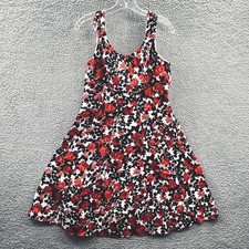 Womens Fit Flare Skater Dress 12 Red Floral Indie Cottage Retro Summer Vacation