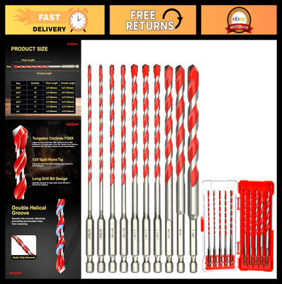10 PCS Masonry Drill Bit Set, Hex Shank, 5/32''-1/2'', for Concrete, Glass, Brick,