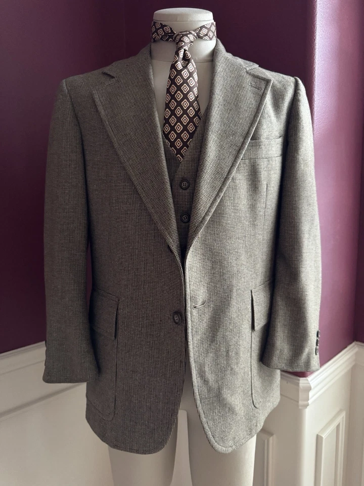 Chaleco reversible traje tweed de tres piezas hecho por la Unión años 70 44S 38W Foto 2 de 4