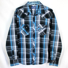 Wrangler Western Shirt Mens Size L Blue Black Plaid Long Sleeve Pearl Snap Front
