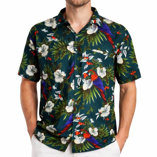King Kameha Hawaiian Aloha Shirt 4XL Tropical Birds Parrots Hibiscus Green