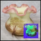 Fenton Burmese Uranium Ruffled Vase With Hand Painted Trees