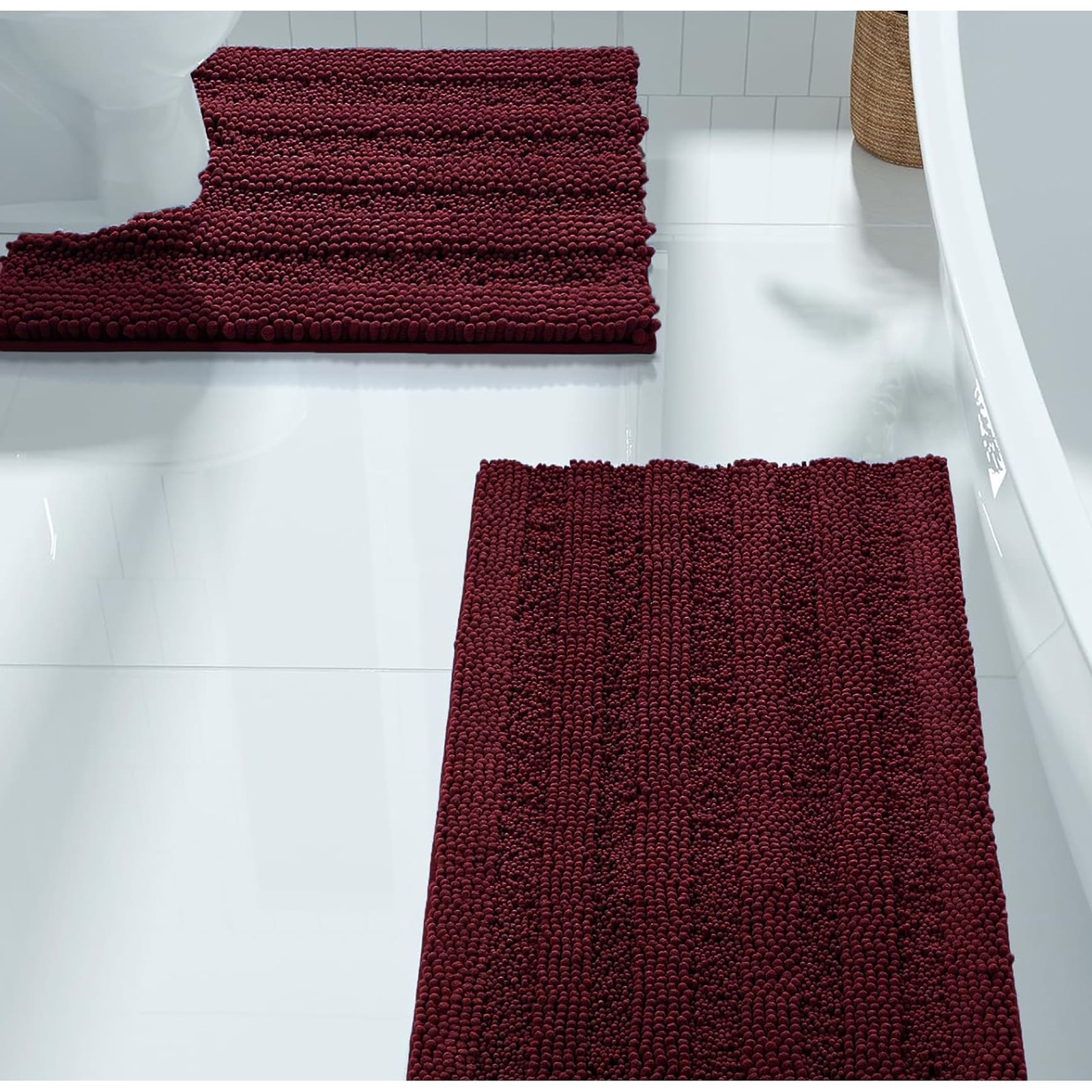 Burgundy Plush Chenille Bath Mat Set with Contour - 2 Piece Soft Cozy Mat