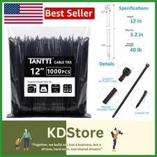 Heavy-Duty Black Zip Ties, 12 Inch, 1000 Pack - Indoor & Outdoor Use