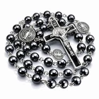 BLESSED CATHOLIC ROSARY NECKLACE Hematite Beads St Benedict Medal Cross Gift Box