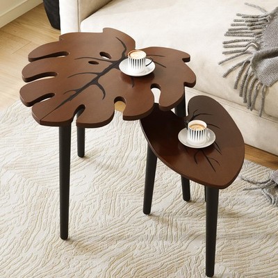 BAMEOS Monstera Leaf Nesting Tables Set of 2, Small Coffee Table Set with Lea...