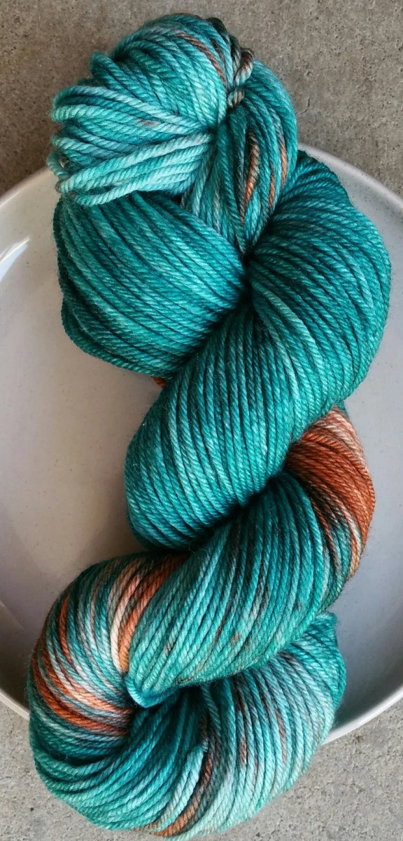 Hand Dyed 8ply Yarn, 100g 200m Variegated Teal Brown Merino Nylon Silk Blend