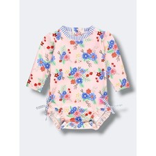 RuffleButts One Piece Rash Guard Baby Girl 3-6M Swimsuit Pink Floral Ruffles