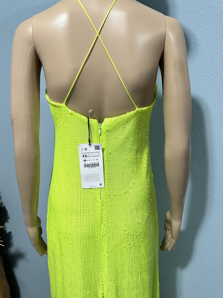 zara neon sequin dress Zara Woman Neon Lime Green Sequin Midi Cocktail Dress Sz XS_Ref:2712/205  NWT