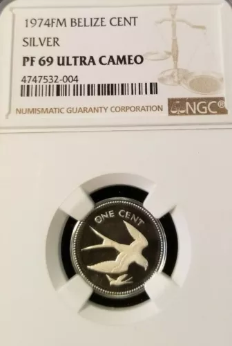 1974 BELIZE SILVER CENT SWALLOW TAILED KITE NGC PF 69 ULTRA CAMEO TOP POP