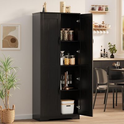 Tall Kitchen Pantry Cabinet, 60'' Storage Cabinet w/2 Doors & Adjustable Shelves