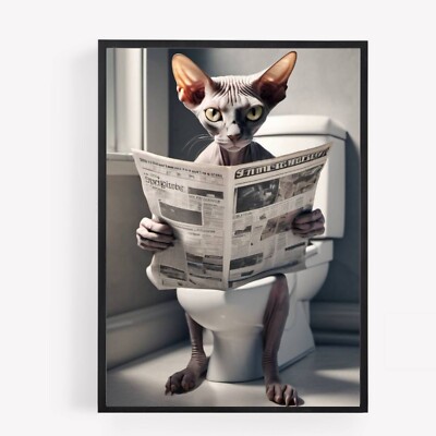 Lustige Badezimmer Sphynx Katze auf Toilette Druck Bild Poster Unrahmen A4 1