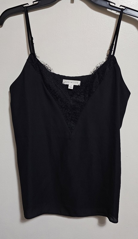 Socialite Womens Camisole Cami Top Black Lace Spaghetti Strap V Neck S New
