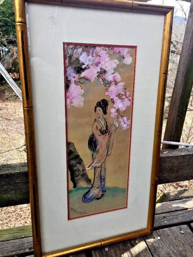 GEISHA GIRL Under the CHERRY BLOSSOM TREE Asian Bamboo Frame